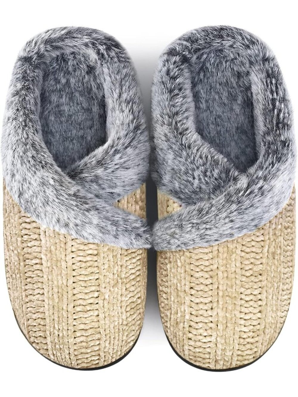 Women's Beige Fuzzy House Slip on Indoor Outdoor Anti-Skid Rubber Slipper Shoes
